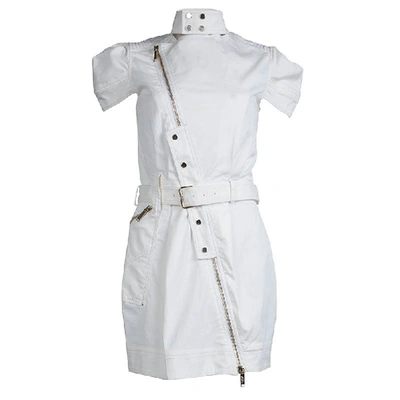 Pre-owned Matthew Williamson Mathew Williamson White Denim Overlap Zipper Belted Dress M