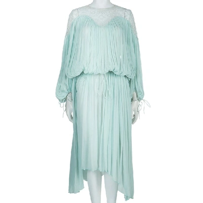 Pre-owned Chloé Light Blue Crinkled Chiffon Lace Detail Long Sleeve Maxi Dress S