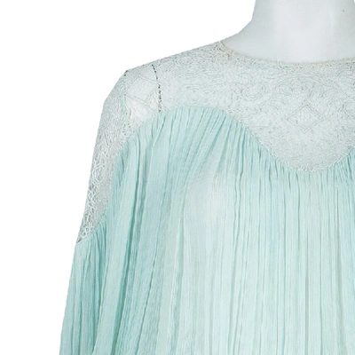 Pre-owned Chloé Light Blue Crinkled Chiffon Lace Detail Long Sleeve Maxi Dress S