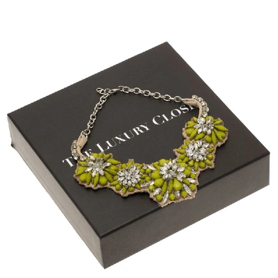 Pre-owned Valentino Garavani Fluoro Flowers Green Crystal Silver Tone Collar Necklace