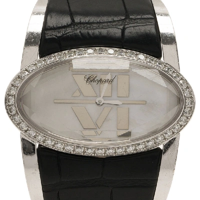 Pre-owned Chopard Mother Of Pearl 18k White Gold Alligator Leather Diamond Happy Oval 139018 Women's Wristwatch 42 Mm