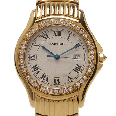 Pre-owned Cartier White 18k Yellow Gold And Diamonds Cougar Women's Wristwatch 30mm