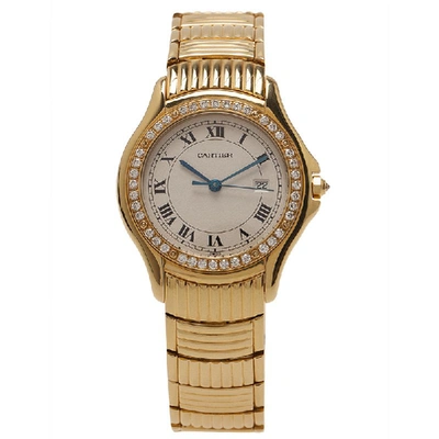 Pre-owned Cartier White 18k Yellow Gold And Diamonds Cougar Women's Wristwatch 30mm