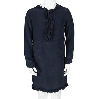 Pre-owned Marni Navy Blue Silk Ruffle Trim Detail Long Sleeve Dress 6 Yrs