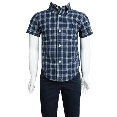Pre-owned Polo Ralph Lauren Navy Blue Checked Cotton Short Sleeve Buttondown Shirt 2 Yrs