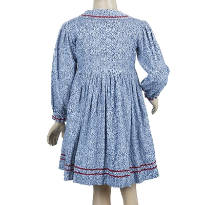 Pre-owned Oscar De La Renta Blue Floral Print Corduroy Long Sleeve Dress 5 Yrs