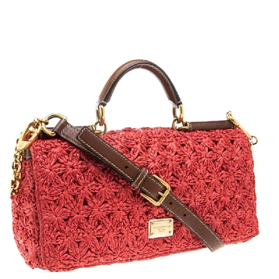 Pre-owned Dolce & Gabbana Dolce And Gabbana Red Crochet Raffia Miss Sicily Shoulder Bag
