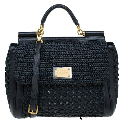 Pre-owned Dolce & Gabbana Black Woven Raffia Large Miss Sicily Top Handle Bag