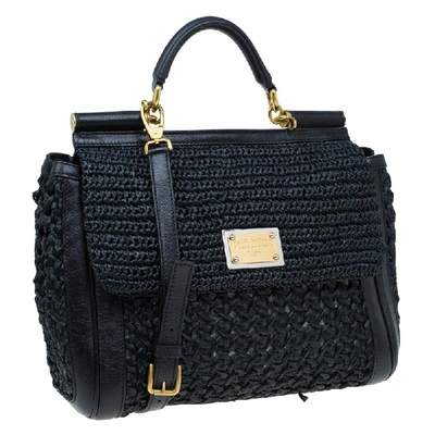 Pre-owned Dolce & Gabbana Black Woven Raffia Large Miss Sicily Top Handle Bag