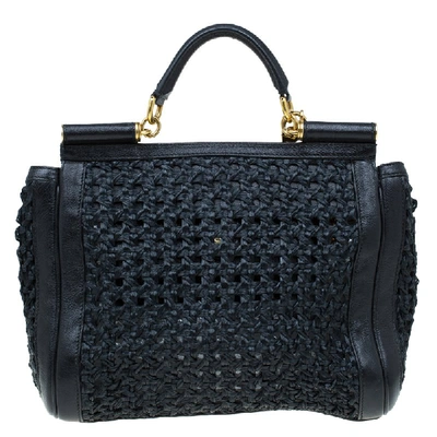 Pre-owned Dolce & Gabbana Black Woven Raffia Large Miss Sicily Top Handle Bag