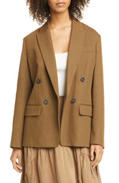 Shop Vince Double Breasted Cotton & Linen Blend Blazer In Timber