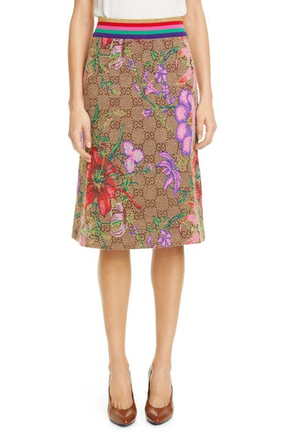 Shop Gucci Floral Gg Metallic Jacquard Wool Blend Sweater Skirt In Brown/ Beige