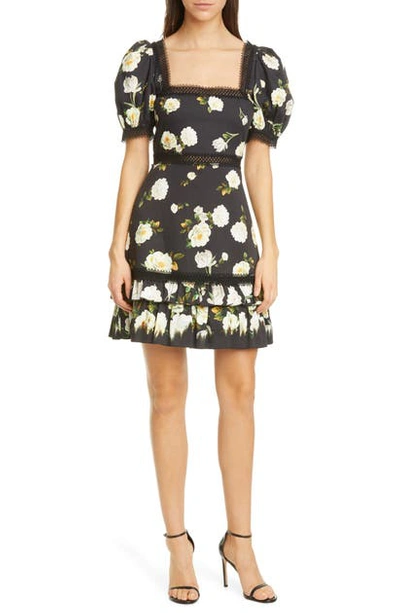 Shop Alice And Olivia Wylie Floral Square Neck Puff Sleeve Dress In Spring Shower Black