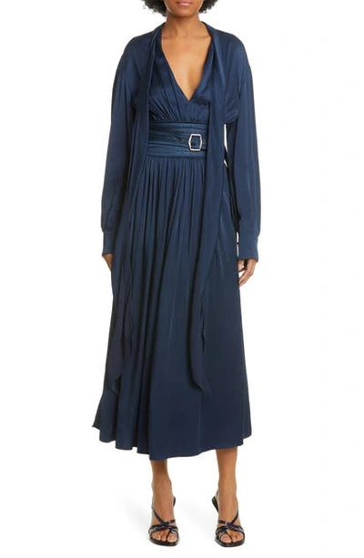 Shop Sies Marjan Belted Crepe Back Satin Long Sleeve Midi Dress In Dark Navy