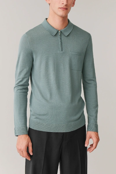 Shop Cos Merino Polo Shirt With Zip In Turquoise