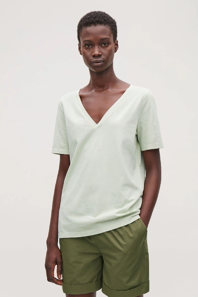 Shop Cos Deep V-neck Jersey T-shirt In Green