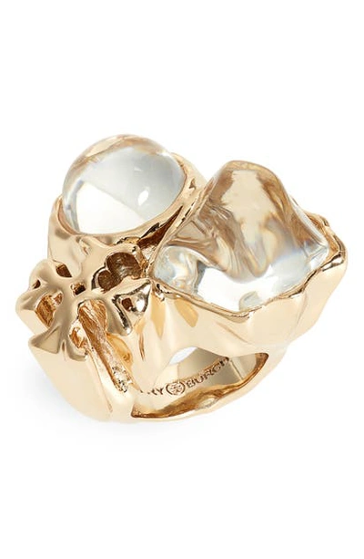 Shop Tory Burch Kira Crystal Statement Ring In Brass / Clear