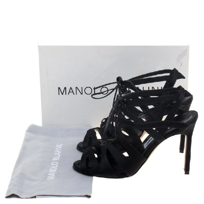 Pre-owned Manolo Blahnik Black Satin Netochka Cage Lace-up Sandals Size 38