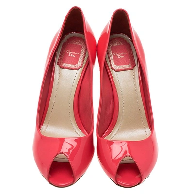 Pre-owned Dior Candy Pink Patent Peep Toe Wedge Pumps Size 38.5