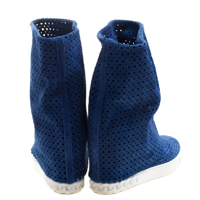 Pre-owned Casadei Cobalt Blue Perforated Suede Wedge Boots Size 36
