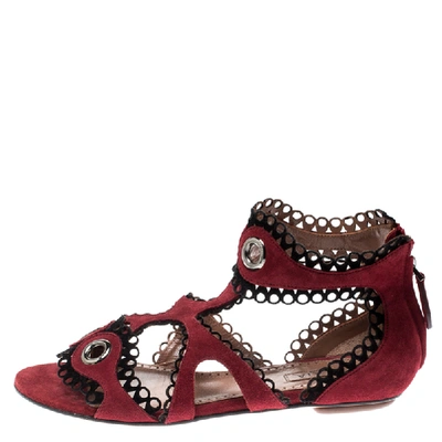 Pre-owned Alaïa Maroon Suede Scallop Trim Eyelet Embellished Ankle Cuff Flat Sandals Size 35 In Red