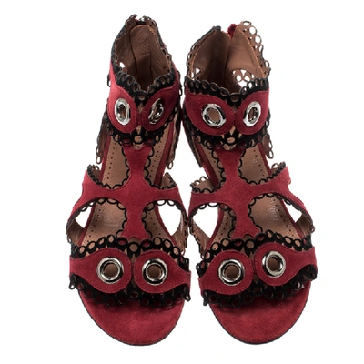 Pre-owned Alaïa Maroon Suede Scallop Trim Eyelet Embellished Ankle Cuff Flat Sandals Size 35 In Red