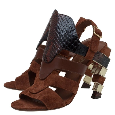 Pre-owned Ferragamo Tricolor Suede And Python Laos Strappy Sandals Size 37.5 In Brown