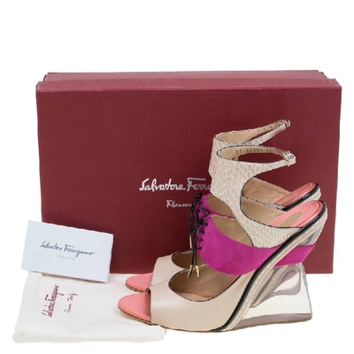 Pre-owned Ferragamo Multicolor Leather, Suede And Python Lucite F Wedge Sandals Size 38