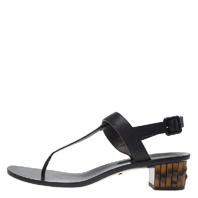 Pre-owned Gucci Black Leather Dahlia Bamboo Heel Thong Sandals Size 40