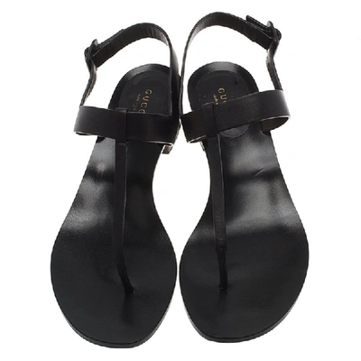 Pre-owned Gucci Black Leather Dahlia Bamboo Heel Thong Sandals Size 40