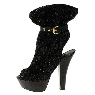 Pre-owned Louis Vuitton Black Sequins And Leather Peep Toe Platform Ankle Boots Size 37