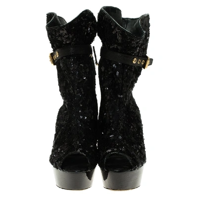 Pre-owned Louis Vuitton Black Sequins And Leather Peep Toe Platform Ankle Boots Size 37
