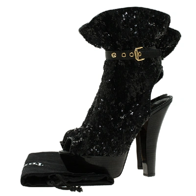 Pre-owned Louis Vuitton Black Sequins And Leather Peep Toe Platform Ankle Boots Size 37