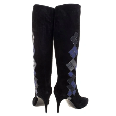 Pre-owned Loriblu Black Abstract Embellished Suede Knee High Boots Size 41