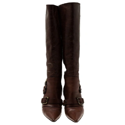 Pre-owned Dolce & Gabbana Brown Leather Buckle Detail Tall Pointed Boots Size 37