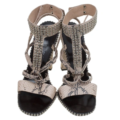 Pre-owned Ferragamo Beige Python Sienna Studded Ankle Strap Sandals Size 41