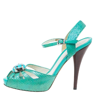 Pre-owned Fendi Turquoise Python Embossed Slingback Platform Sandals Size 39 In Green