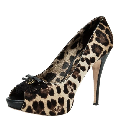 Pre-owned Dolce & Gabbana Beige Leopard Print Pony Hair Bow Peep Toe Pumps Size 40