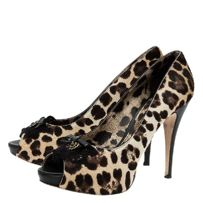 Pre-owned Dolce & Gabbana Beige Leopard Print Pony Hair Bow Peep Toe Pumps Size 40