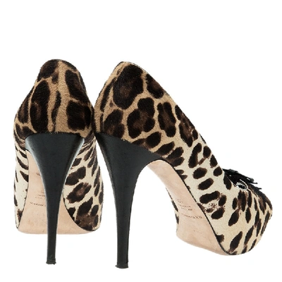 Pre-owned Dolce & Gabbana Beige Leopard Print Pony Hair Bow Peep Toe Pumps Size 40