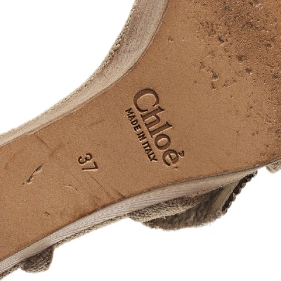 Pre-owned Chloé Beige Canvas Crystal Bow Ankle Strap Wedges Size 37