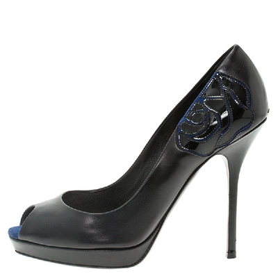 Pre-owned Dior Black Leather And Blue Suede Rose Detail Peep Toe Platform Pumps Size 37.5