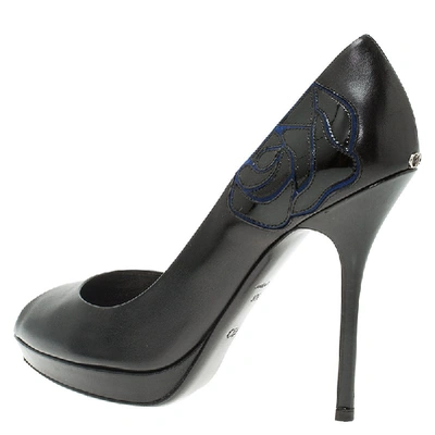 Pre-owned Dior Black Leather And Blue Suede Rose Detail Peep Toe Platform Pumps Size 37.5