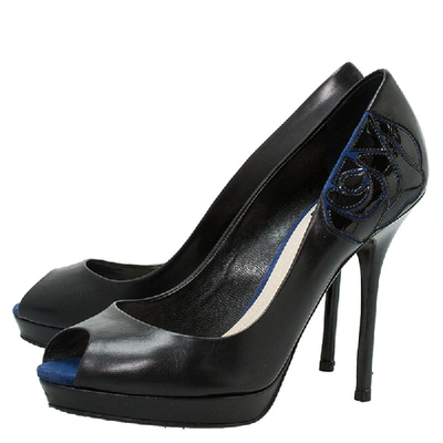 Pre-owned Dior Black Leather And Blue Suede Rose Detail Peep Toe Platform Pumps Size 37.5