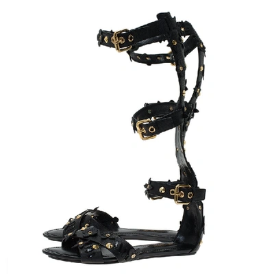 Pre-owned Louis Vuitton Black Leather Fleur Gladiator Sandals Size 36