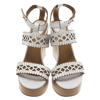 Pre-owned Chloé White Cutout Leather Platform Wedge Sandals Size 40