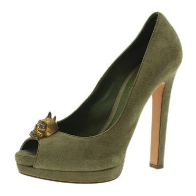 Pre-owned Alexander Mcqueen Olive Suede Punk Skull Peep Toe Pumps Size 39 In Green