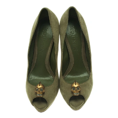 Pre-owned Alexander Mcqueen Olive Suede Punk Skull Peep Toe Pumps Size 39 In Green