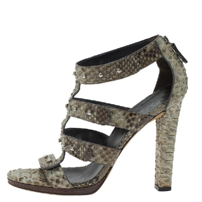 Pre-owned Gucci Two Tone Studded Python Sigourney Cage Sandals Size 37 In Green