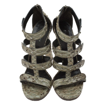 Pre-owned Gucci Two Tone Studded Python Sigourney Cage Sandals Size 37 In Green